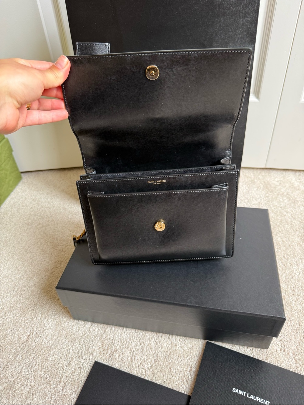 Saint Laurent Black Leather Shoulder Bag with Gold YSL Emblem - Picture 9 of 9